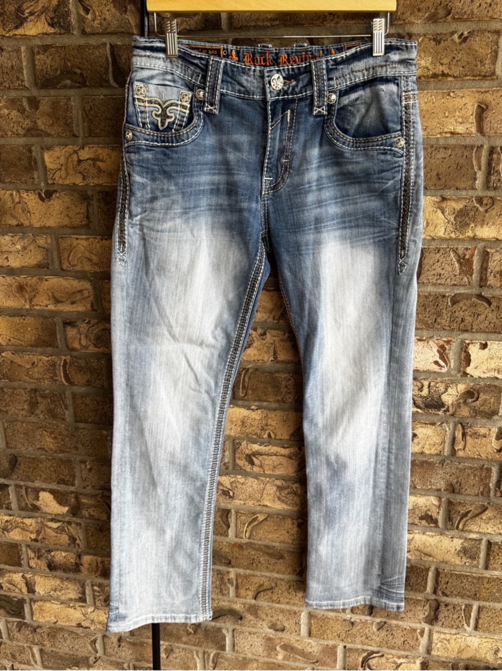 Rock Revival Kaylen Straight Jeans RJ8993J2R Light Wash Fleur De Lis Size 32